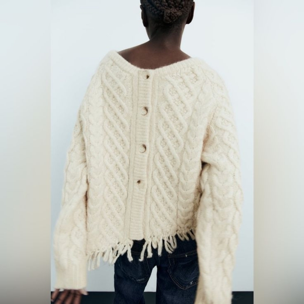 Zara Cream Cable-Knit Fringe Back-Button Sweater